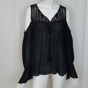 Onetheland Black Gauze Cold Shoulder Peasant Top